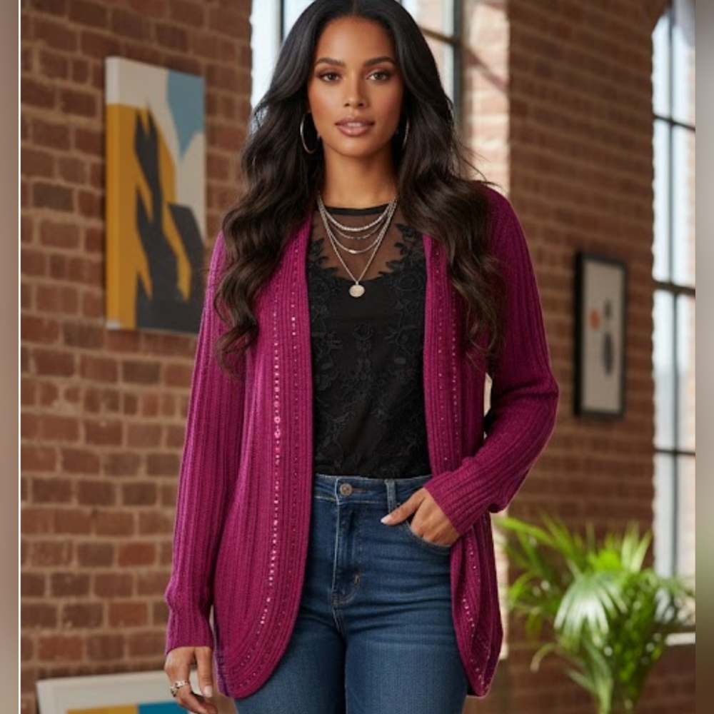 Ost knitted cardigan with sequin And Pearls Accents, Size 3X Fit 1X